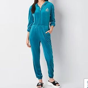 NWT Juicy By Juicy Couture Jumpsuit peacock Velour Hooded Long Sleeve Zip Up L